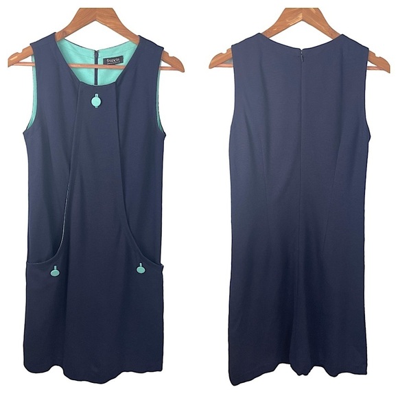 Christian Francis Roth Navy + Turquoise Sleeveless Sheath Dress Size 8 Stretch - Picture 1 of 9